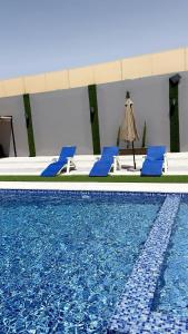 a pool with blue chairs and a bed and a swimming pool at الكرك زحوم in Kerak