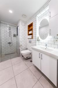 La salle de bains est pourvue d'un lavabo, de toilettes et d'une douche. dans l'établissement The Business Class Suit Karakoy, à Istanbul