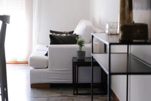 un soggiorno con divano bianco e pianta in vaso di Appartamento 25 min da Venezia a Quarto dʼAltino