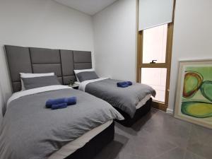 a bedroom with two beds with blue pillows on them at Sydney Olympic Park Modern 3 Bedroom with Pool & Free Parking in Sydney