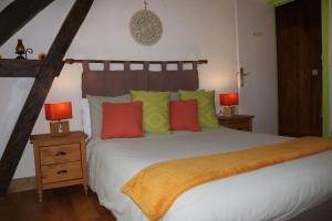 1 dormitorio con 1 cama grande y almohadas coloridas en L'autre Monde en Faverolles