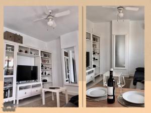 two pictures of a living room with a tv and a room with a table at Harea Coastal Penthouse Naturist Area in Playas de Vera
