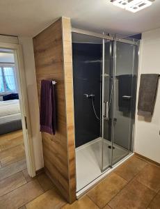a bathroom with a shower with a glass door at Hotel Taverne zur Linde in Bischofszell