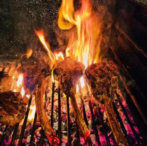a bunch of meat cooking on a grill with flames at Hotel Taverne zur Linde in Bischofszell
