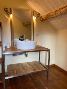 a bathroom with a sink on a wooden shelf at L'aire des oiseaux in Muno