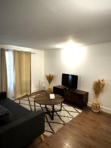 sala de estar con sofá y TV en Charmant Duplex proche de Paris en Saint-Brice-sous-Forêt
