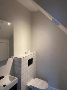 a bathroom with a toilet and a sink and a mirror at Garden 3BDR Oasis w/ Hot Tub! in East Barnet