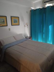 a bedroom with a large bed with a blue curtain at Departamento Mirasol in Federación