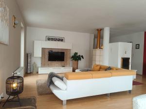 a large living room with a couch and a tv at Apartment 66 in Bressanone