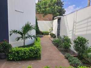 una acera junto a una valla blanca con plantas en Appartement Seth en Lomé