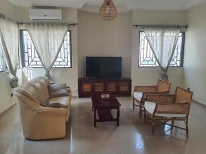 a living room with a couch and chairs and a tv at Appartement Seth in Lomé