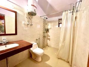 y baño con aseo, lavabo y ducha. en 4 Bedroom Luxury Bungalow in Manali with Beautiful Scenic Mountain & Orchard View, en Manali