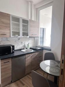 a kitchen with a sink and a table with a microwave at Apartmani M.&.B Luks 2 in Mataruška Banja