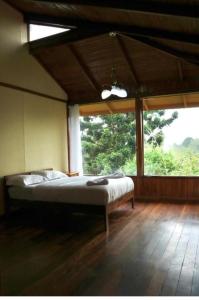 ein Schlafzimmer mit einem Bett und einem großen Fenster in der Unterkunft Finca Valle Arcoiris in Heredia