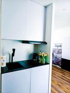 a kitchen with white cabinets and a black counter top at Octagon Main Square Apartment in Zagreb