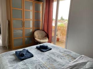 a bedroom with a bed and a chair and a window at Appartement - 45m2 avec parking in Avon
