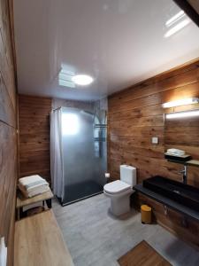 勒唐蓬Bungalow Tillandsia的带淋浴、马桶和水槽的浴室