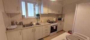 a kitchen with white cabinets and a sink and a microwave at OIKIKA I 6 in Artemida