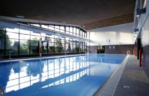 a large swimming pool in a building with windows at Macdonald Forest Hills Resort in Aberfoyle