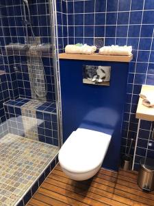 ein blau gefliestes Bad mit einem WC und einer Dusche in der Unterkunft Paris Bois de Vincennes Appartement 50 m2 in Vincennes