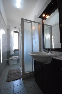 uma casa de banho com um lavatório, um chuveiro e um WC. em Appartamento Sara em Scarlino