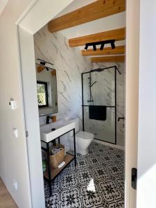 a bathroom with a toilet and a sink and a mirror at Casa Do Vale in Alvaiázere