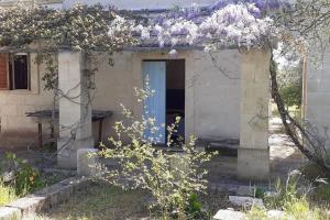 une petite maison avec une porte bleue dans une cour dans l'établissement 3 bedroom country villa with 2 large verandas, à Torre Ovo