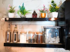 a shelf with bottles and plants on it at Good Vibes in Rabat