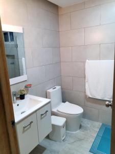 a bathroom with a white toilet and a sink at Cómodo y acogedor apartamento in Mendoza
