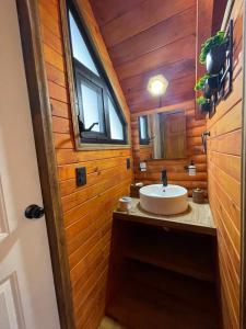 a bathroom with a sink in a wooden house at La Nubecita in Mazamitla