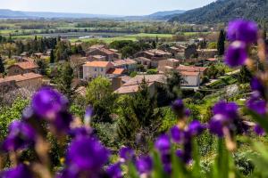 a village with purple flowers in the foreground at Studio lumineux « Judée » in Peyruis