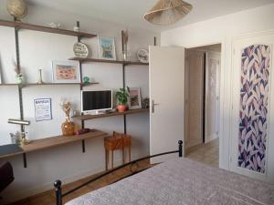 a bedroom with a bed and shelves and a television at Le Vintage 14 in Bayeux
