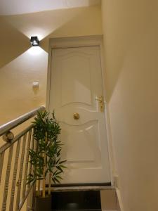 a white door in a staircase with a plant at Appart hôtel in Nouakchott