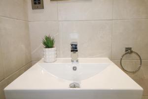 a white sink in a bathroom with a plant at 5 The Cuckmere in Seaford