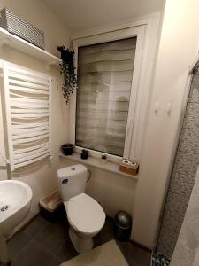 La salle de bains est pourvue de toilettes, d'un lavabo et d'une fenêtre. dans l'établissement Marta's Apartment, à Kuldīga