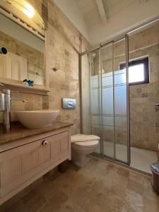 a bathroom with a sink and a toilet and a shower at Alacati Zeynep in Alaçatı