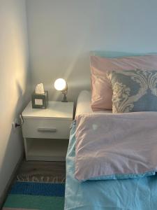 um quarto com uma cama com uma mesa-de-cabeceira e uma cama sidx sidx em Villa 46 - little heaven em Banja Luka