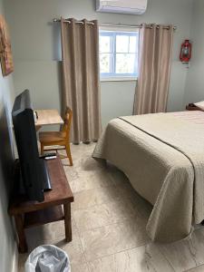 a bedroom with a bed and a tv on a table at Gîte du lac Poisson Blanc in Notre-Dame-du-Laus