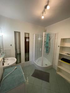 ein Bad mit einer Dusche und einem Waschbecken in der Unterkunft Apartament Airport Gdańsk in Firoga