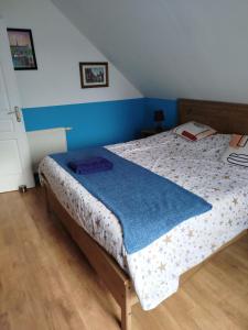 a bedroom with a bed with a blue wall at Chambre dans maison avec salle de bain collective in Cluses