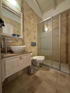 a bathroom with a toilet and a sink and a shower at Alacati Zeynep Otel in Alaçatı +29 photos