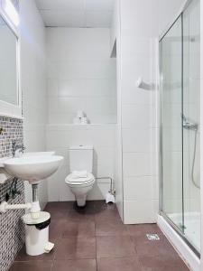 y baño con aseo, lavabo y ducha. en Garden View Apartment No 40 en Tal-Franċiż