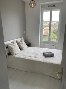 Schlafzimmer mit einem weißen Bett und einem Fenster in der Unterkunft Appartement T1 proche métro Oullins Centre in Oullins