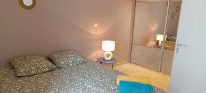 a bedroom with a bed and a lamp and a chair at Charmant Triplex plein centre in Novalaise