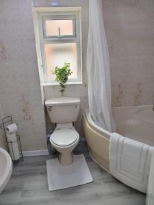 a bathroom with a toilet and a tub and a window at Rowan House Rotherham in Rotherham