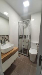 a bathroom with a shower and a sink and a toilet at SweetWater Beach - Apartamento turístico en zona puerto in Aguadulce