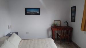 ein Schlafzimmer mit einem Bett und einem Schreibtisch mit einem Bild an der Wand in der Unterkunft Departamento tranquilo y luminoso in La Plata