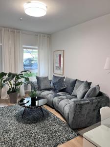 sala de estar con sofá y mesa en RaumtoGo No1 Modernes Ruhiges 2-Schlafzimmer Apartment in Wiesbaden City & Park en Wiesbaden