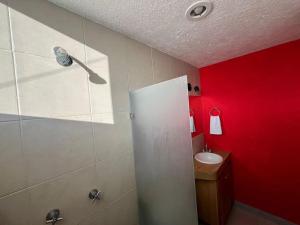 La salle de bains est pourvue d'une douche, d'un lavabo et d'un mur rouge. dans l'établissement Oaxaca departamento azul, à Oaxaca