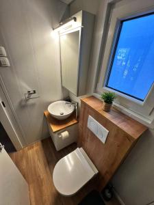 La salle de bains est pourvue de toilettes, d'un lavabo et d'une fenêtre. dans l'établissement Mobile Home ORANGE Camp Soline, à Biograd na Moru